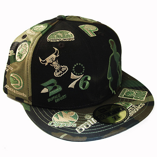 New Era Nba All Over Logo 5950 Green Camouflage Fitted Hat Hardwood Classic Cap Booton