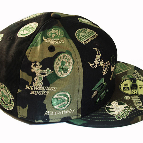 New Era Nba All Over Logo 5950 Green Camouflage Fitted Hat Hardwood Classic Cap Booton