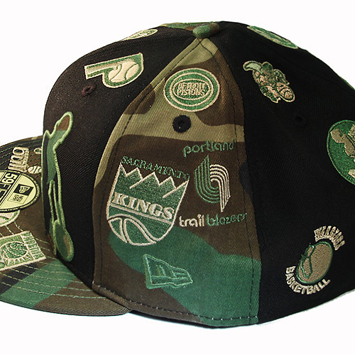 New Era Nba All Over Logo 5950 Green Camouflage Fitted Hat Hardwood Classic Cap Booton